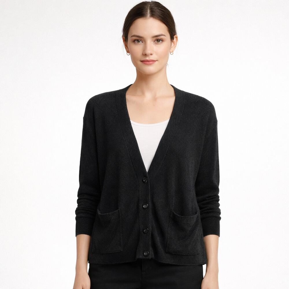 Eileen Fisher Cardigan Sweater Womens Small Black Organic Linen Cotton Ribbed